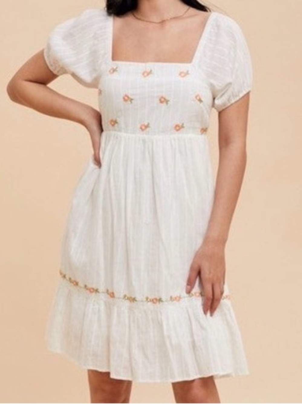 In Bloom White Sundress with Soft Peach Embroidered Floral Accents SMALL